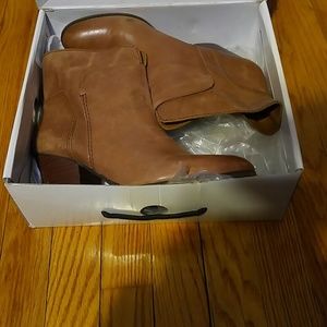Cognac colored stacked heel booties
